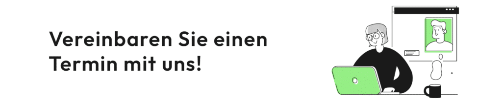 Eine Frau mit einem Laptop und einer Tasse, im Hintergrund ist das Profil eines Mannes zu sehen. Daneben steht die Aufschrift: 'Vereinbaren Sie einen Termin mit uns!