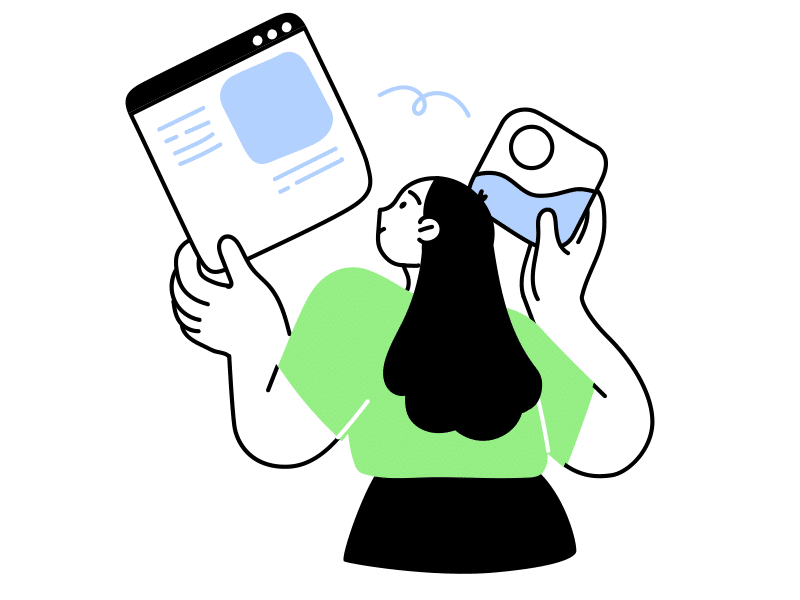 Grafik einer weiblichen Figur die ein Tab und Ein bild vergleicht