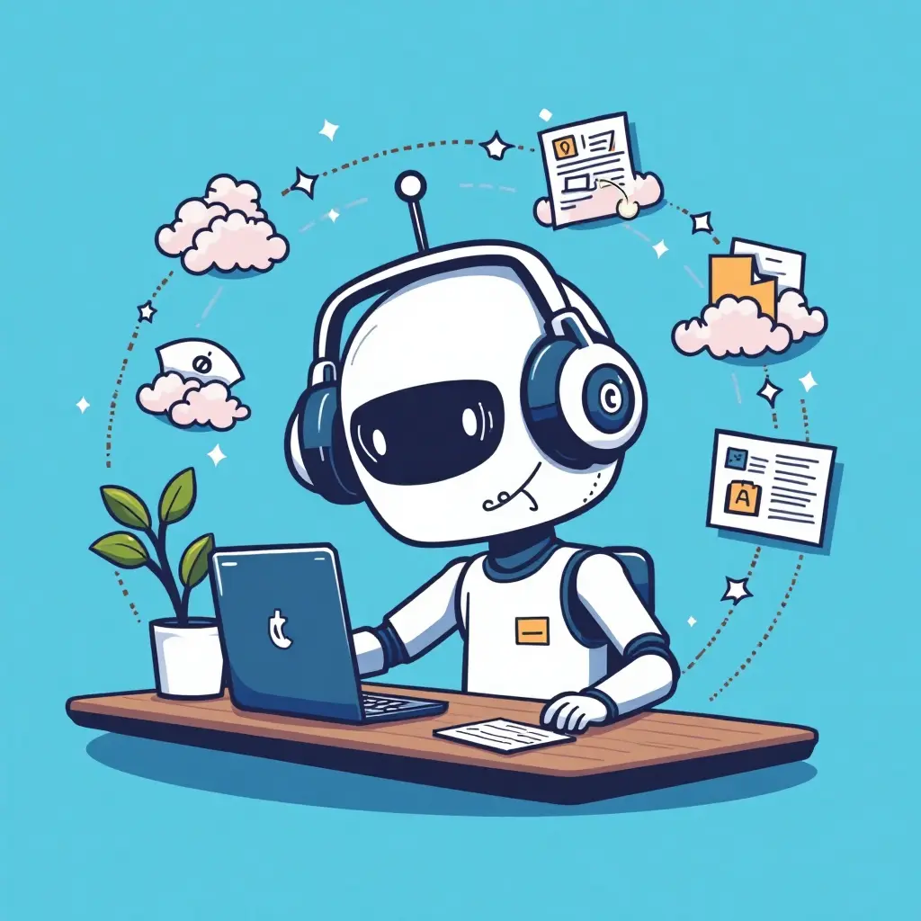 Roboter der am PC sitzt und effizient signalisieren soll